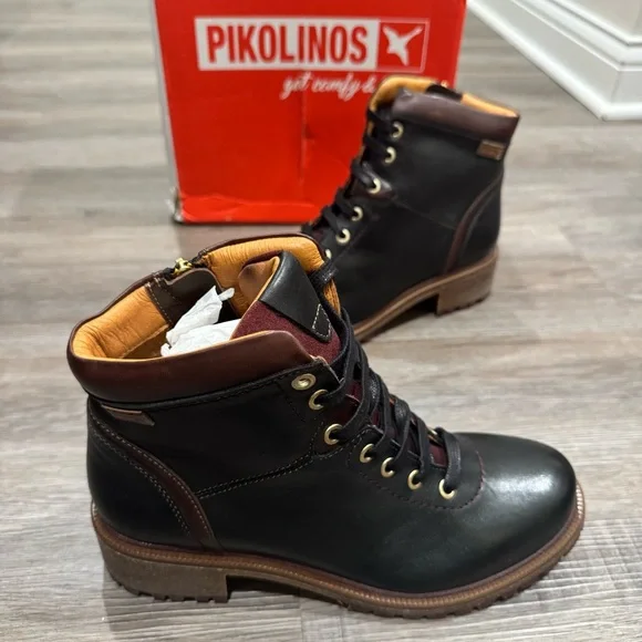 Pikolinos Aspe Lace Up Black Leather Heeled Bootie Boots - Picture 2 of 12